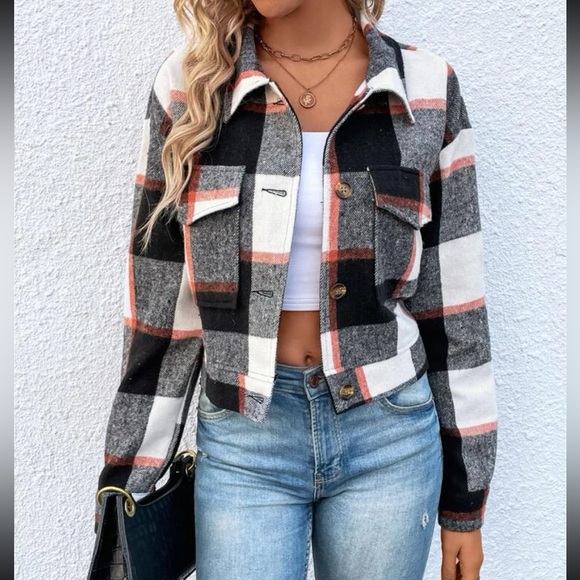 Boho navy blue plaid button down cropped jacket - Picture 15 of 16